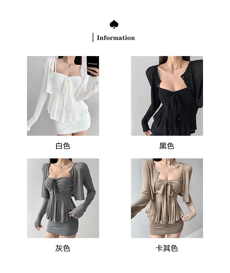 Two-Piece Set: Lightweight Cropped Jacket & Bow-Accent Peplum Cami