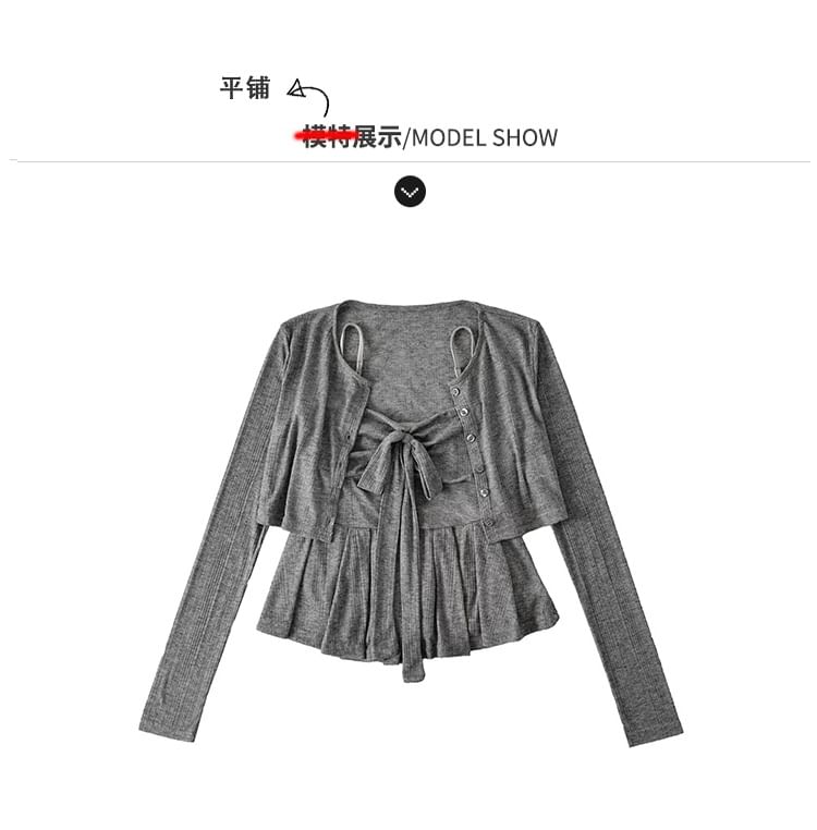 Two-Piece Set: Lightweight Cropped Jacket & Bow-Accent Peplum Cami