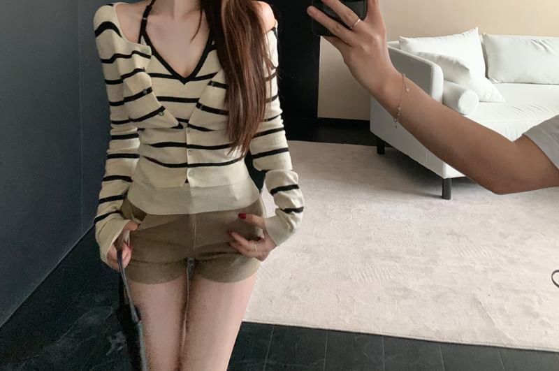 Halter Neck Striped Knit Top and Cardigan Set