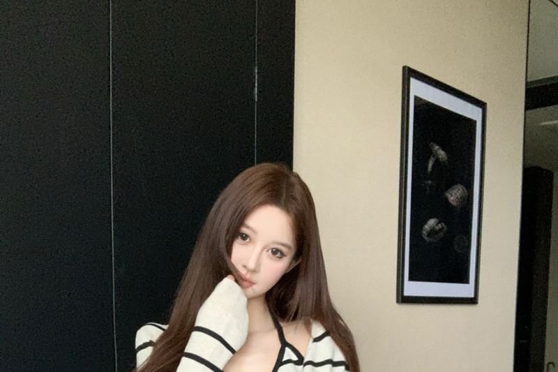 Halter Neck Striped Knit Top and Cardigan Set