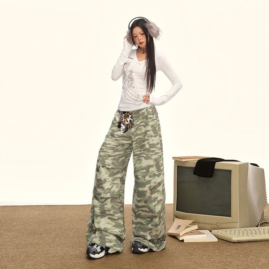 Mid Waist Camo Print Baggy Cargo Pants (Various Designs)