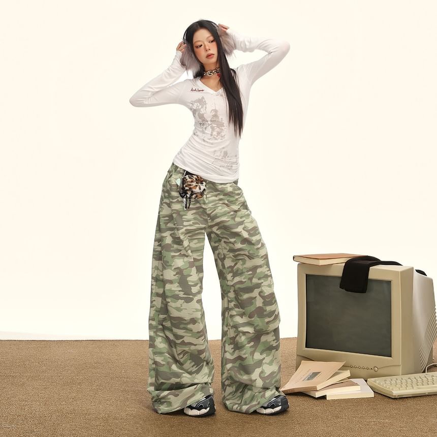 Mid Waist Camo Print Baggy Cargo Pants (Various Designs)