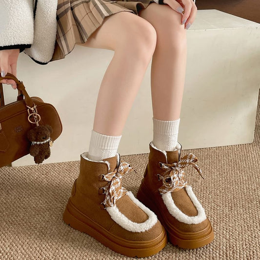 Fleece Panel Faux Suede Lace Up Short Snow Boots