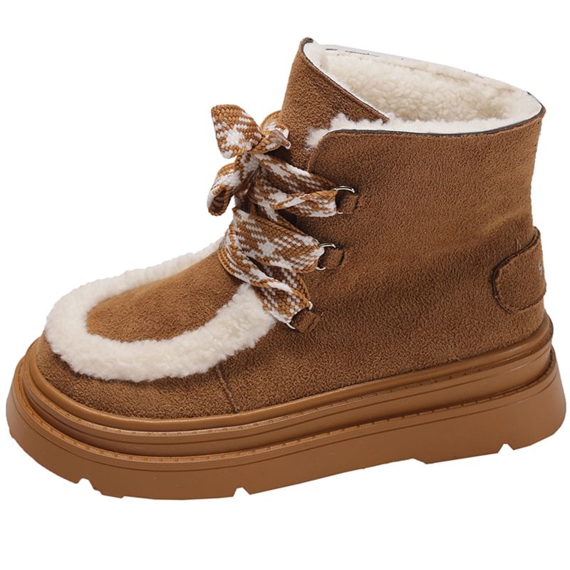 Fleece Panel Faux Suede Lace Up Short Snow Boots