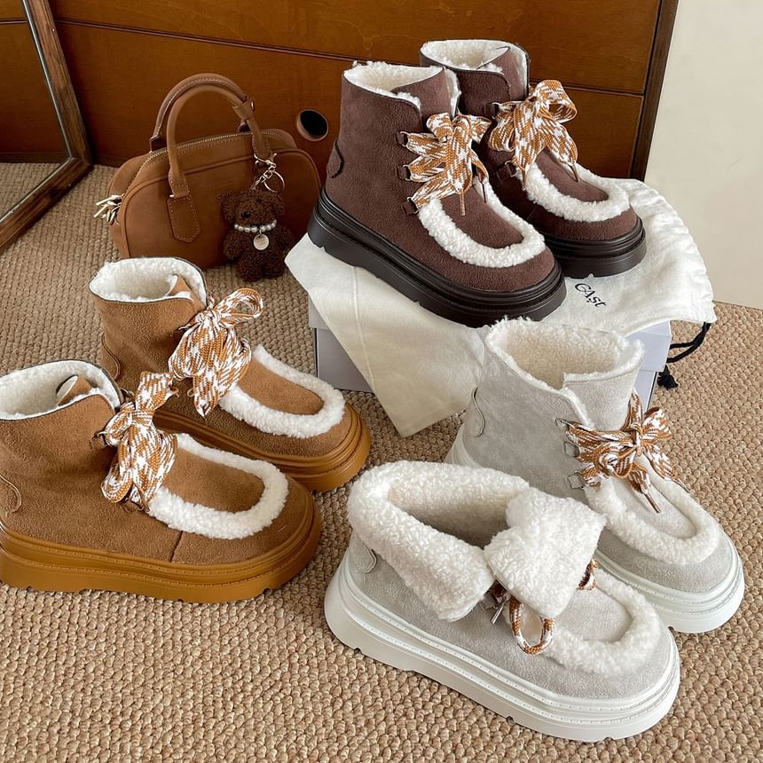 Fleece Panel Faux Suede Lace Up Short Snow Boots