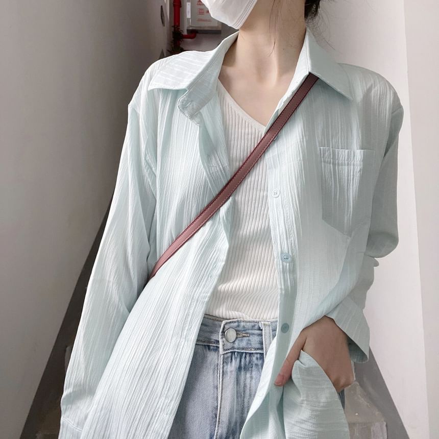 Long Sleeve Button-Down Shirt with Pocket Detail