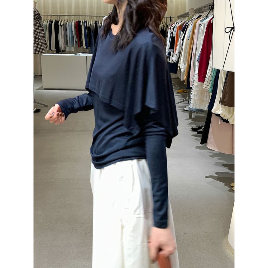 Mock Two-Piece Crew Neck Long Sleeve Fitted Tee