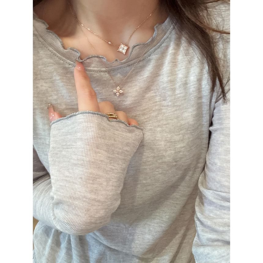 Lettuce-Edge Crew Neck Long Sleeve Fitted T-Shirt