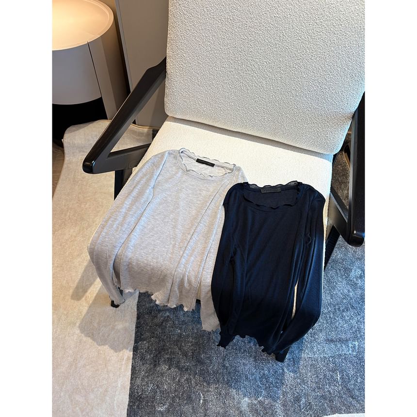 Lettuce-Edge Crew Neck Long Sleeve Fitted T-Shirt