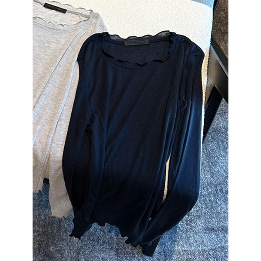 Lettuce-Edge Crew Neck Long Sleeve Fitted T-Shirt
