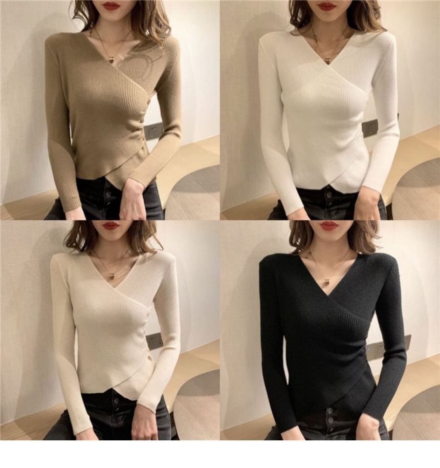 Ribbed Wrap V-Neck Long Sleeve Knit Top
