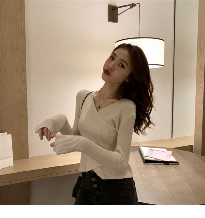 Ribbed Wrap V-Neck Long Sleeve Knit Top