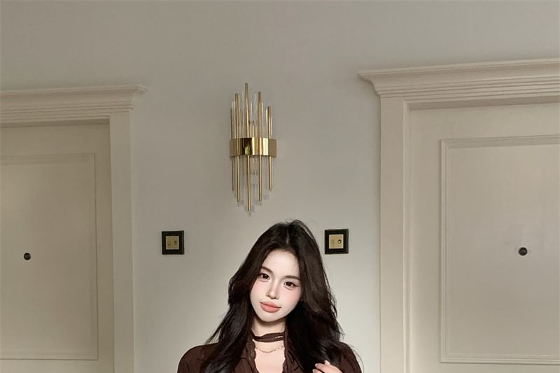Puff-Sleeve Choker-Neck Button-Up Blouse / Leopard Mini A-Line Skirt