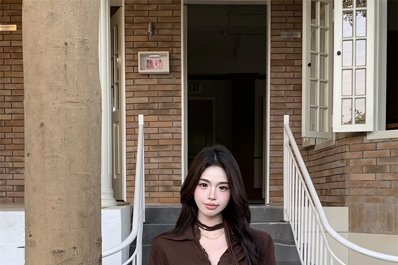 Puff-Sleeve Choker-Neck Button-Up Blouse / Leopard Mini A-Line Skirt
