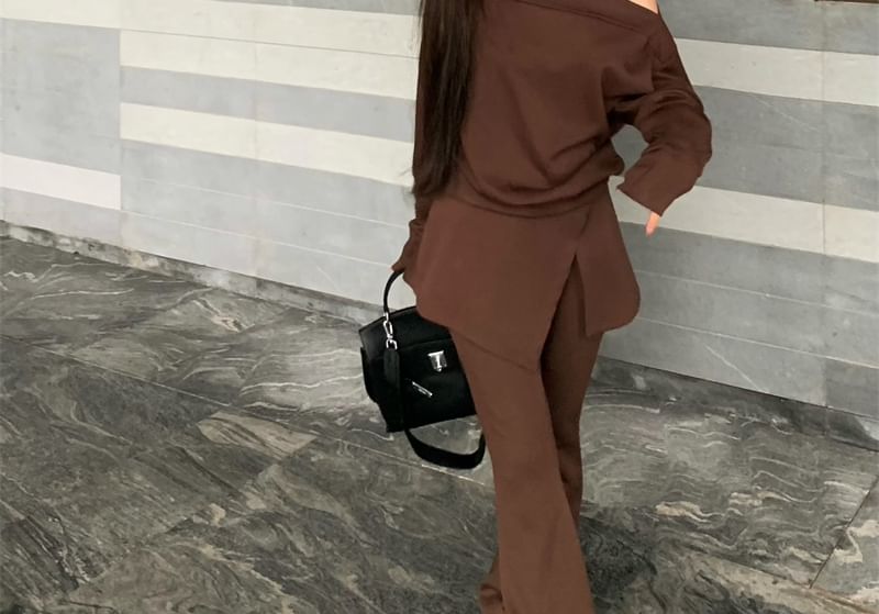 Two-Piece Set: Cold-Shoulder Asymmetric Slit Blouse & Flared Pants