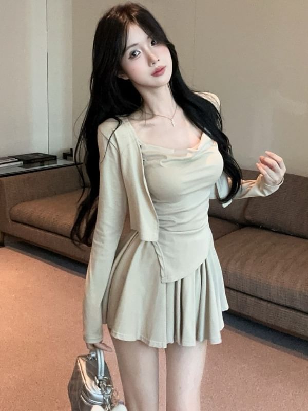 Long-Sleeve Shrug with Asymmetric Cami and Mini Skirt Set
