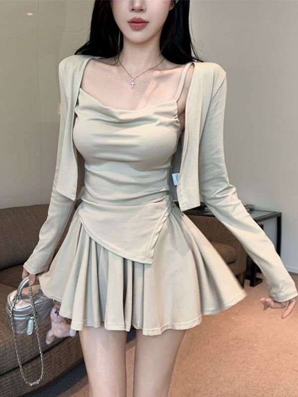 Long-Sleeve Shrug with Asymmetric Cami and Mini Skirt Set
