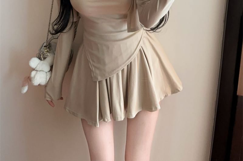 Long-Sleeve Shrug with Asymmetric Cami and Mini Skirt Set