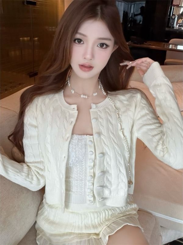 Round-Neck Cable-Knit Cardigan or Button Tube Top