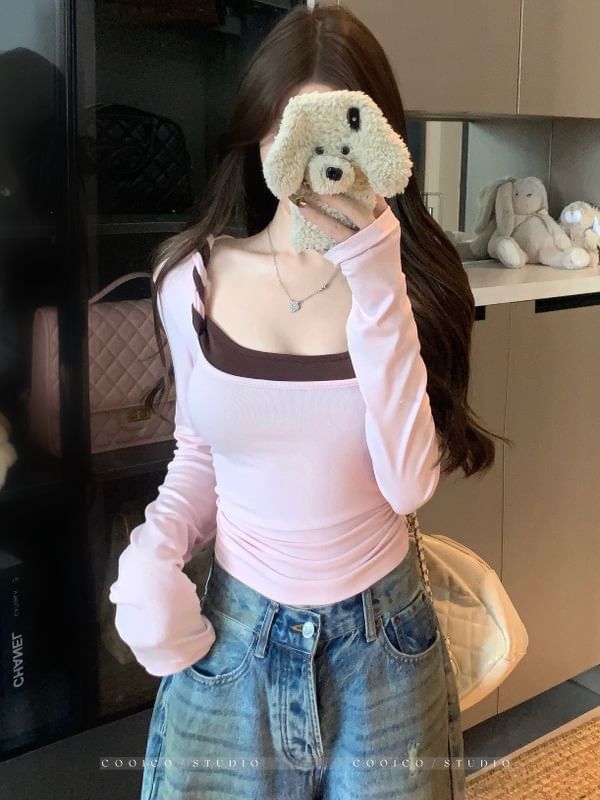 Mock Two-Piece Square-Neck Twist Slim-Fit Long-Sleeve Tee
