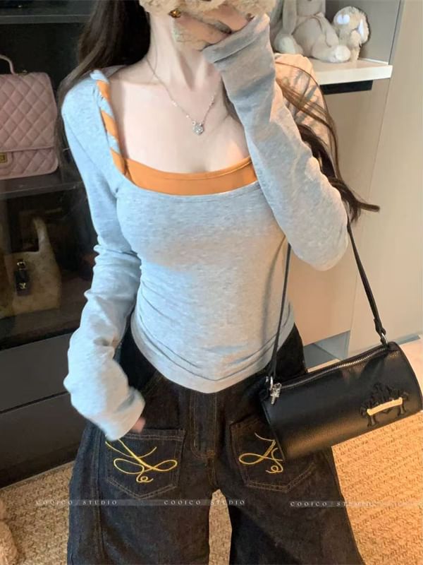 Mock Two-Piece Square-Neck Twist Slim-Fit Long-Sleeve Tee