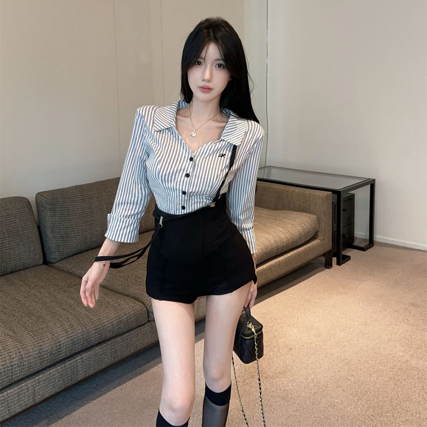 Striped Slim-Fit Long-Sleeve Shirt or High-Waist Shorts