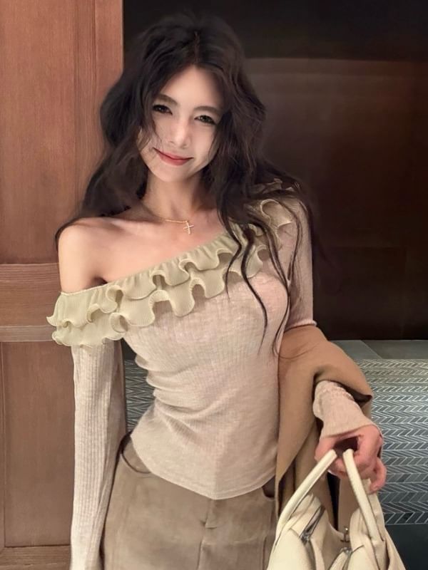 Off-Shoulder Ruffle-Trim Ribbed Knit Long-Sleeve Top