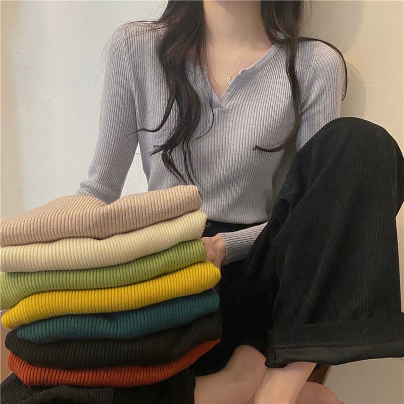 Notch-Neck Long-Sleeve Ribbed Knit Tee
