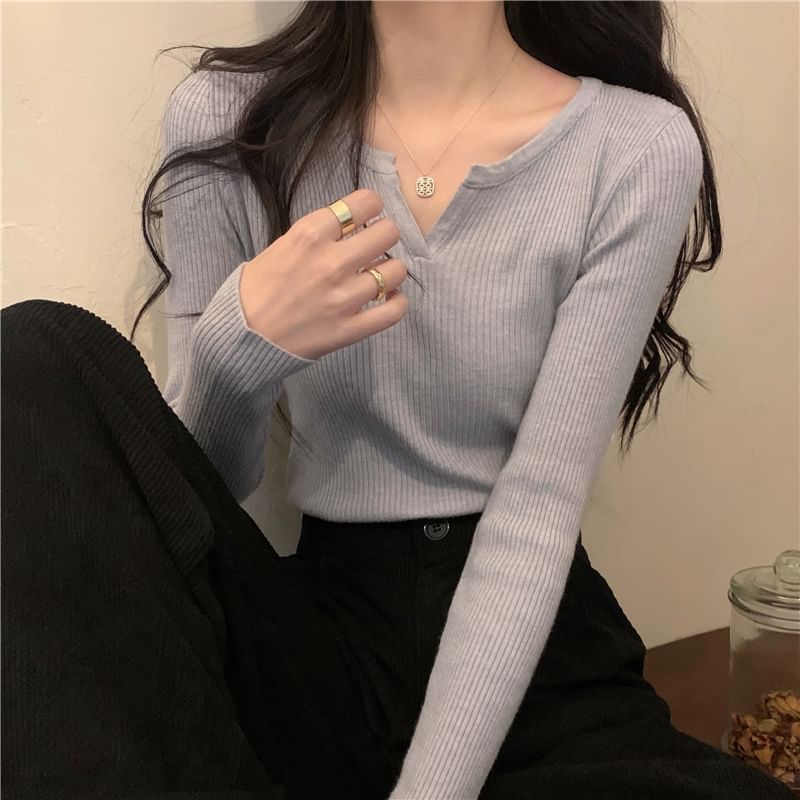 Notch-Neck Long-Sleeve Ribbed Knit Tee