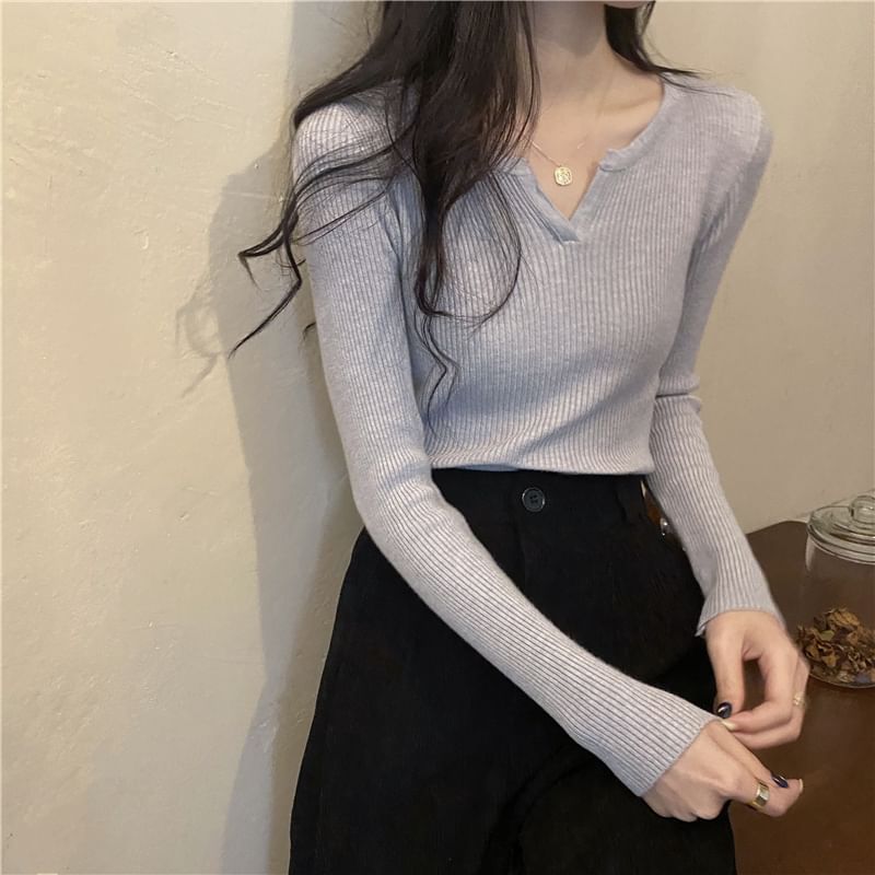 Notch-Neck Long-Sleeve Ribbed Knit Tee