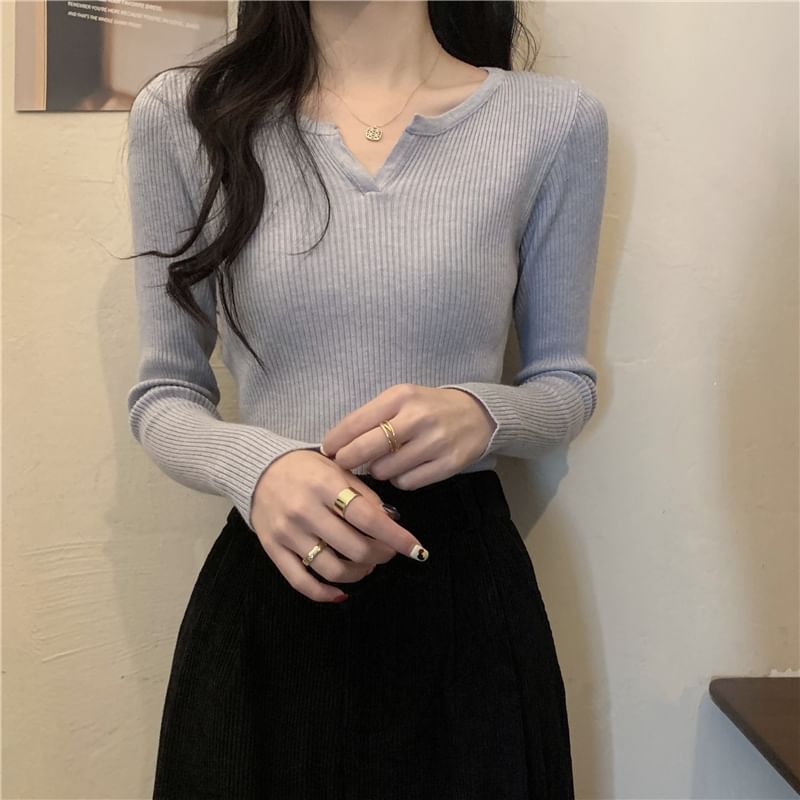 Notch-Neck Long-Sleeve Ribbed Knit Tee