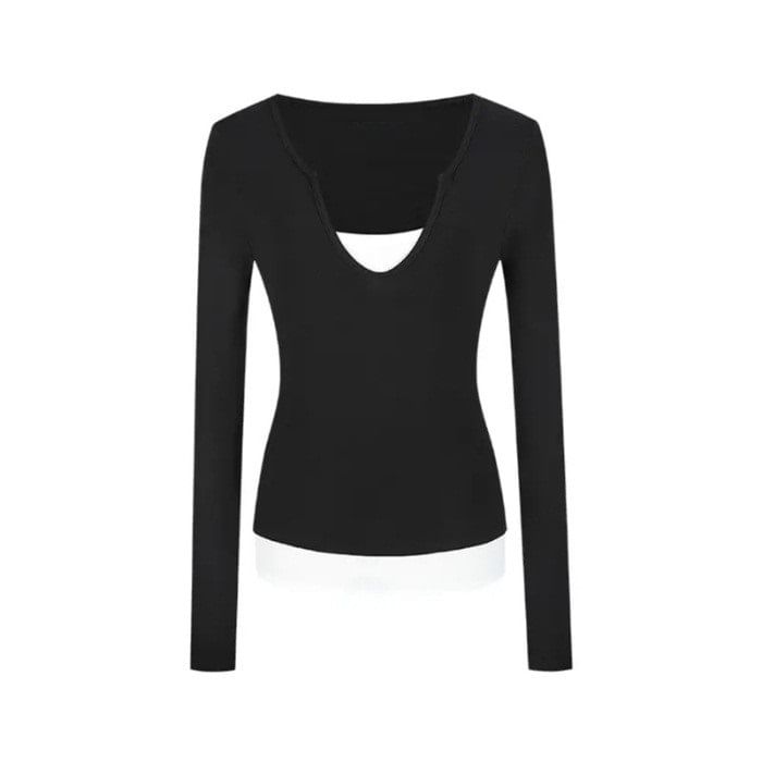 Notch Neck Mock Two-Piece Long Sleeve T-Shirt