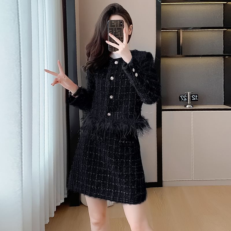 Set: Round Neck Fringed Tweed Button Jacket + High Waist Mini A-Line Skirt