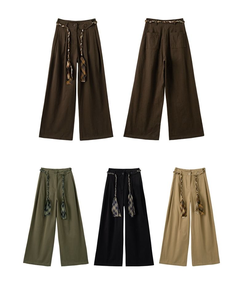 High Waist Plain Loose-Fit Wide-Leg Cargo Pants