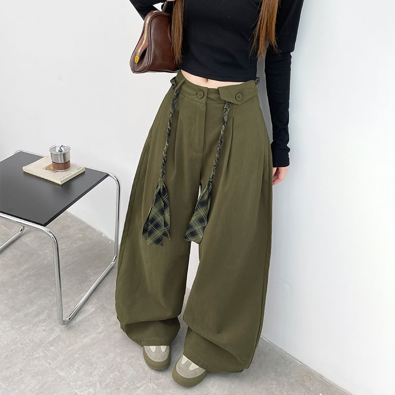 High Waist Plain Loose-Fit Wide-Leg Cargo Pants