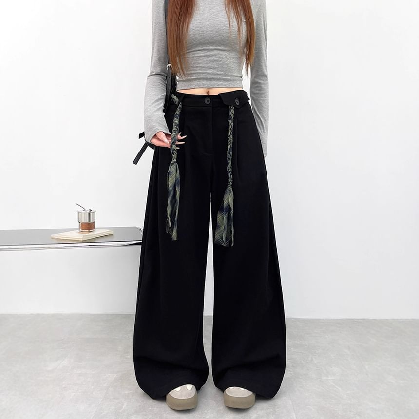 High Waist Plain Loose-Fit Wide-Leg Cargo Pants