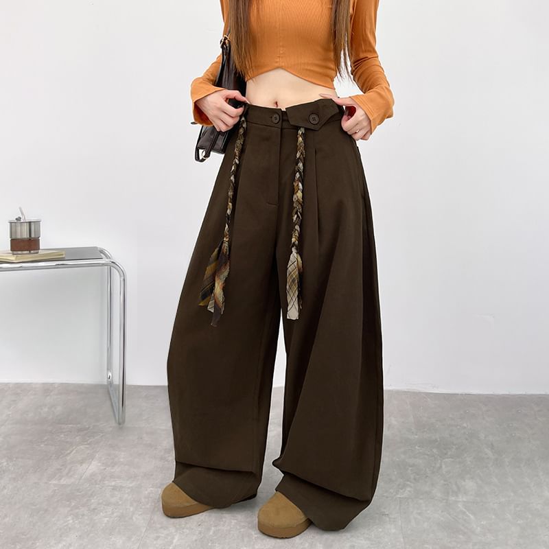 High Waist Plain Loose-Fit Wide-Leg Cargo Pants