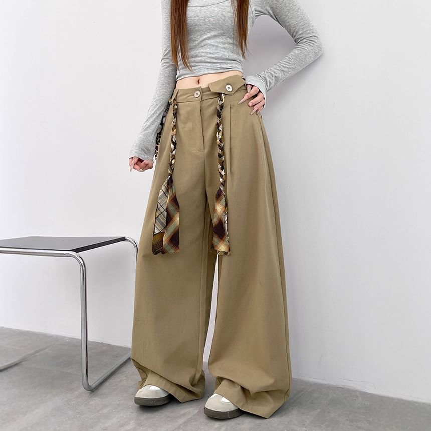 High Waist Plain Loose-Fit Wide-Leg Cargo Pants