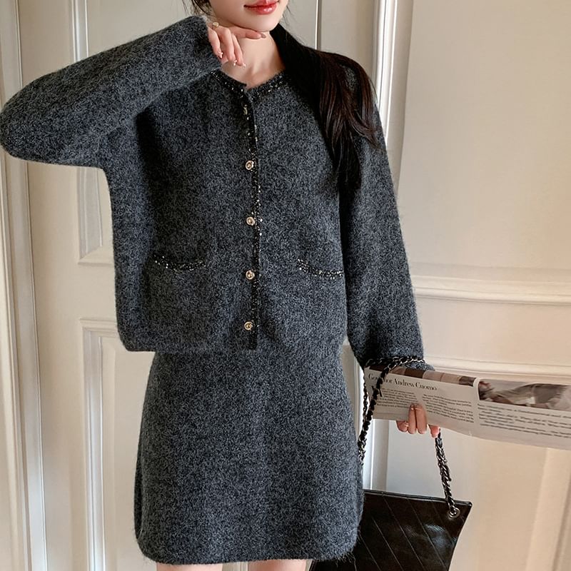 Set: Tweed Sequin Trim Button-Up Jacket + Mini Skirt