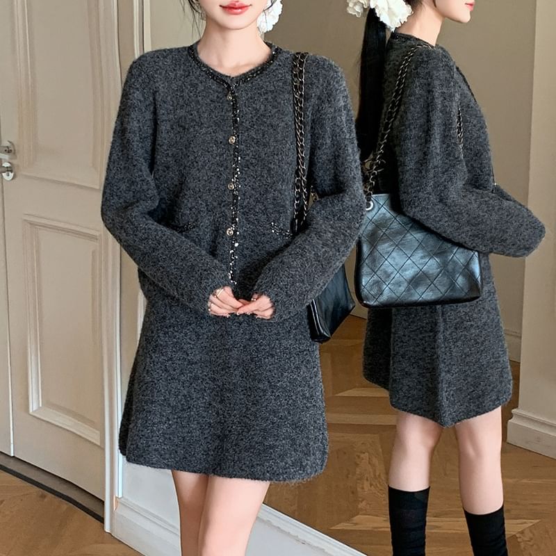 Set: Tweed Sequin Trim Button-Up Jacket + Mini Skirt