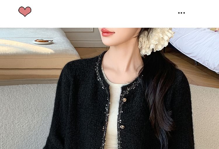 Set: Tweed Sequin Trim Button-Up Jacket + Mini Skirt