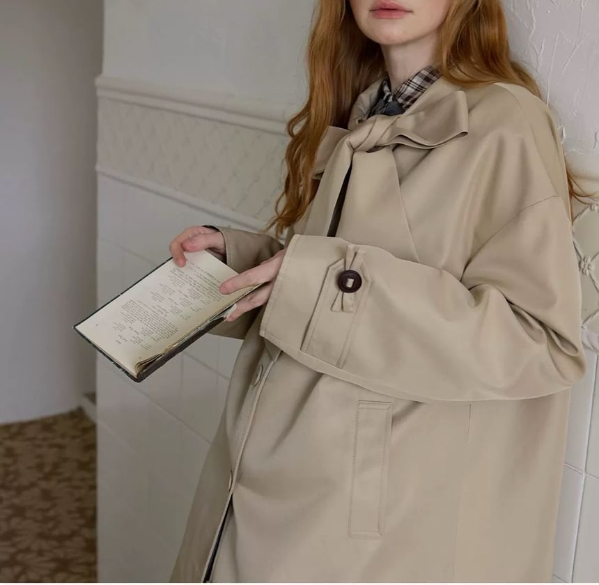 Plaid Panel Bow Single-Breasted Trench Coat