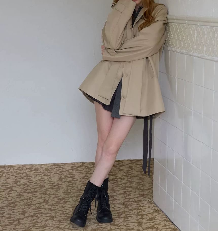 Plaid Panel Bow Single-Breasted Trench Coat