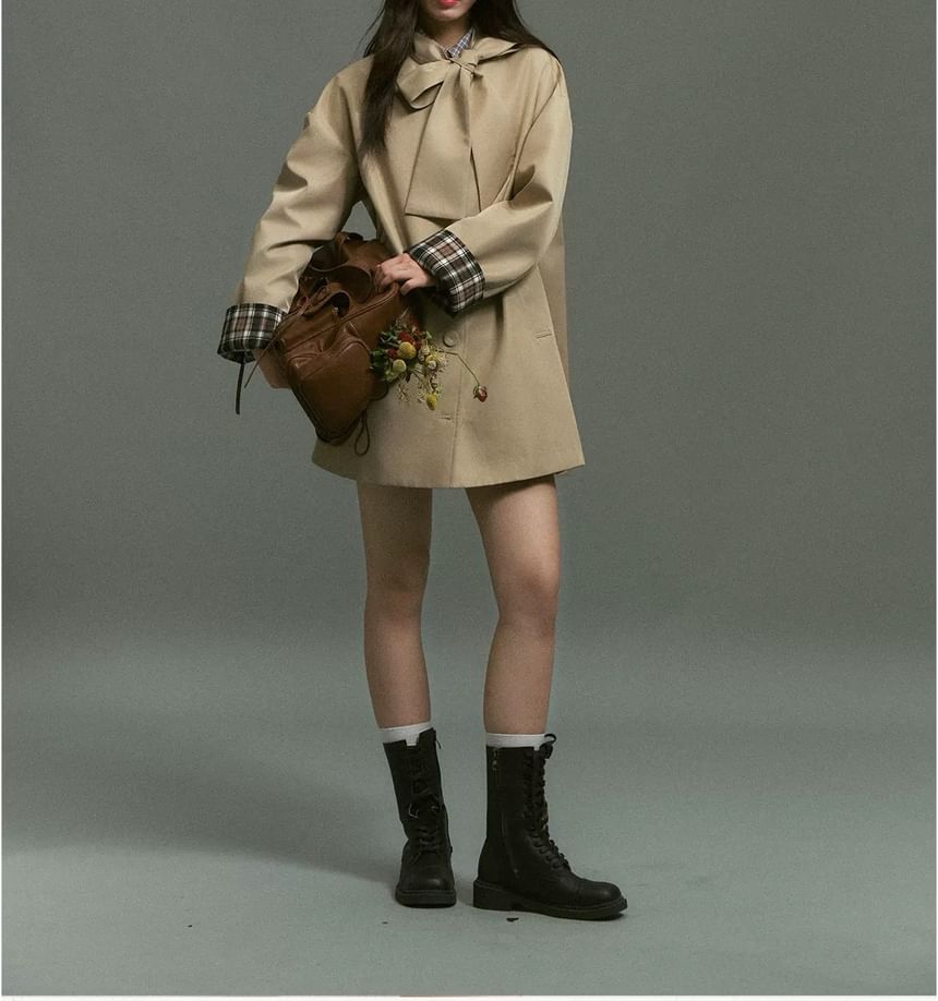 Plaid Panel Bow Single-Breasted Trench Coat
