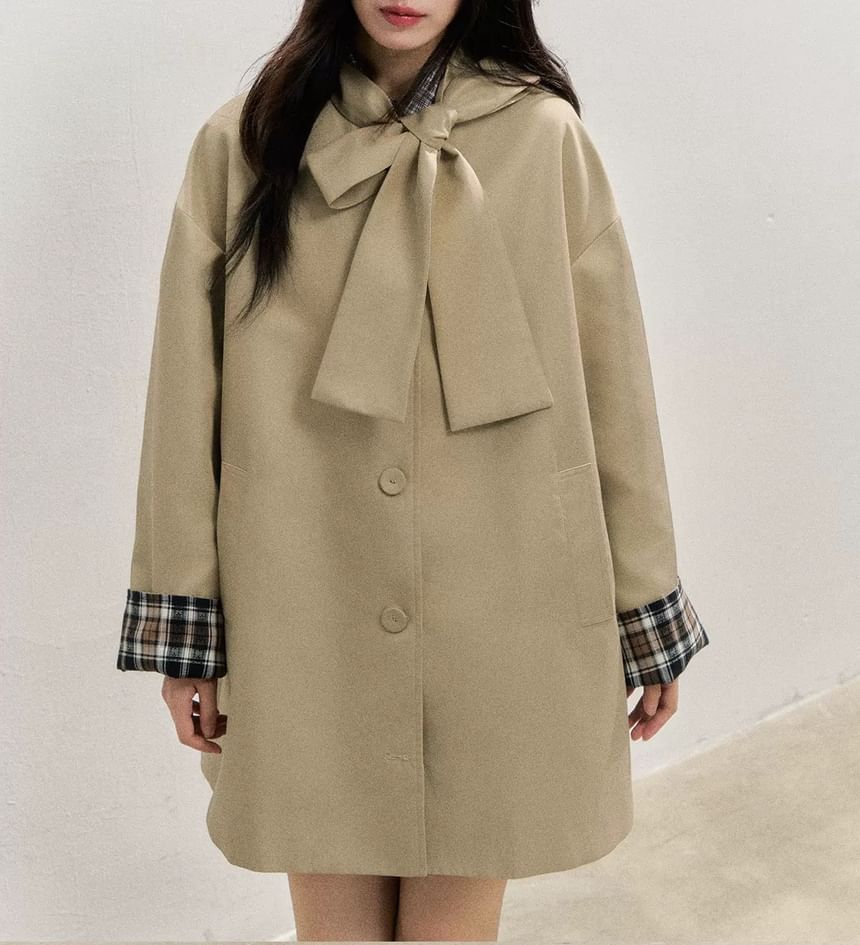 Plaid Panel Bow Single-Breasted Trench Coat