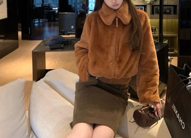 Collar Plain Fleece Zip Jacket