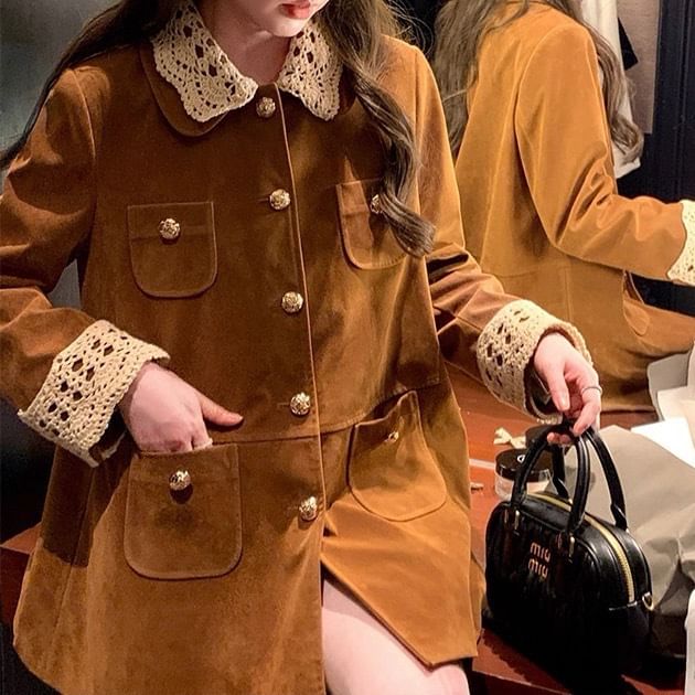 Collar Contrast Lace Trim Single-Breasted Coat