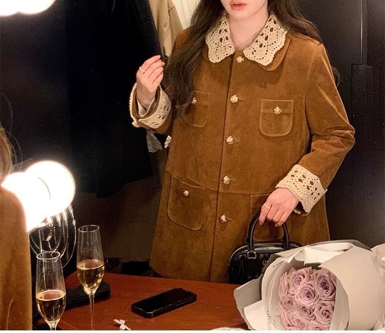 Collar Contrast Lace Trim Single-Breasted Coat