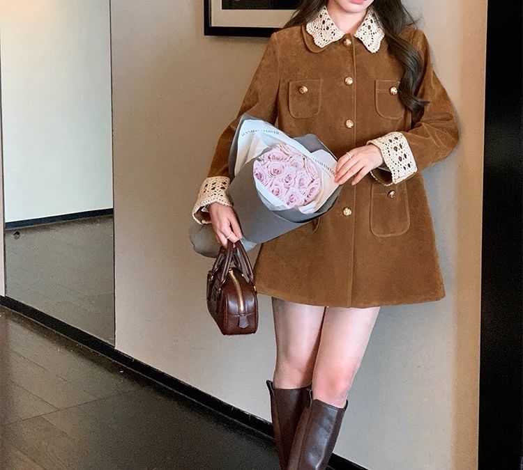 Collar Contrast Lace Trim Single-Breasted Coat