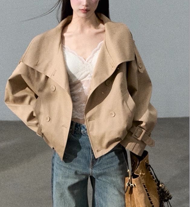 Stand Collar Plain Double-Breasted Trench Jacket